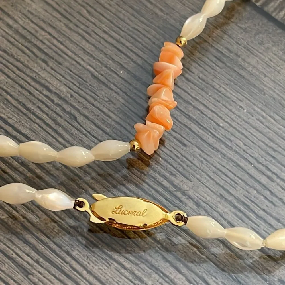 Vintage Lucoral Single Strand Coral & Mother of Pearl Necklace Rice Beads